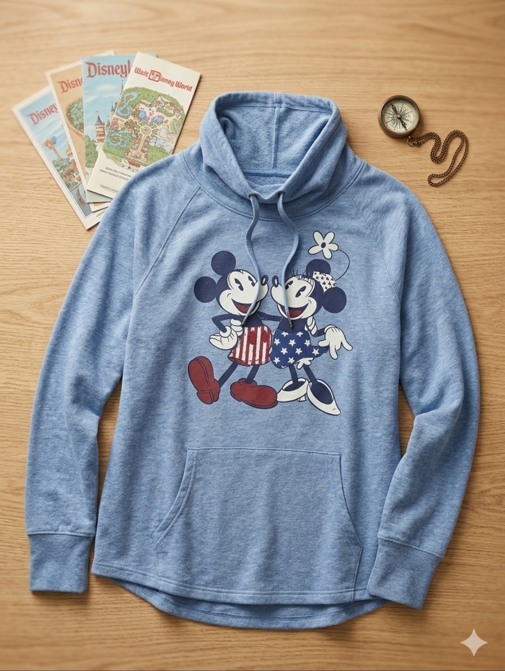 Disney Parks Size XL Blue Mickey Minnie Americana Cowl Neck Hoodie Sweatshirt